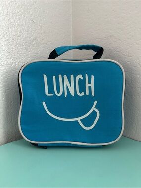 Walmart blue insulated lunch box with a minimalist white ’LUNCH’ graphic-used